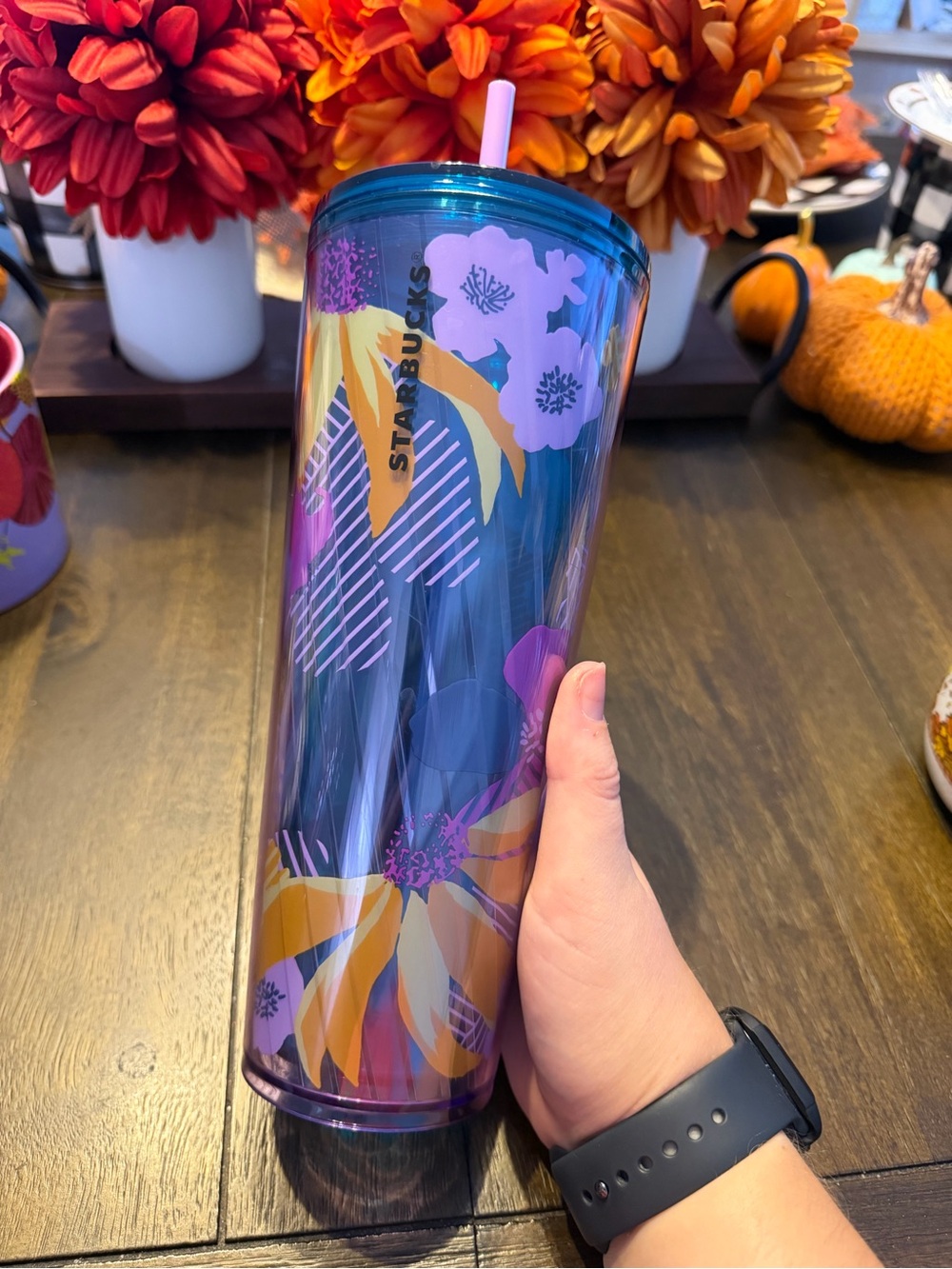 Starbucks Iridescent Teal and Purple Floral Travel Tumbler with Straw